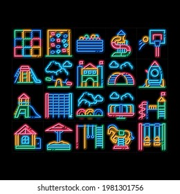 Playground Children neon light sign vector. Glowing bright icon  Basketball And Climbing Wall, Seesaw And Swing In Horse Form Playground Attraction Illustrations