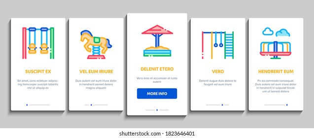 Playground Children Onboarding Mobile App Page Screen Vector. Basketball And Climbing Wall, Seesaw And Swing In Horse Form Playground Attraction Color Illustrations