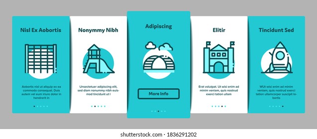 Playground Children Onboarding Mobile App Page Screen Vector. Basketball And Climbing Wall, Seesaw And Swing In Horse Form Playground Attraction Color Illustrations