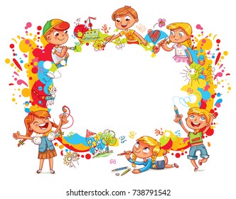 Playground. Children paint abstract abstract color splash. Template for advertising brochure. Ready for your message. Funny cartoon character. Vector illustration. Isolated on white background