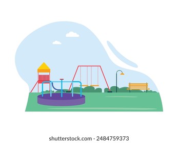 Playground for children to play, with swings, roundabout and castle slide. Character design. Vector flat illustration