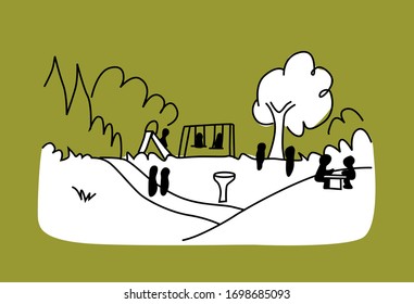 Playground, children playing in the square, park. Kid park. Swing, slide, water trough and trees. Hand drawn cartoon style vector illustration.