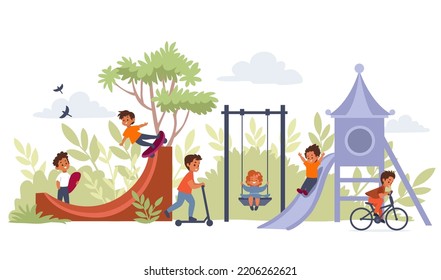 Playground with children playing. Vector illustration on white background