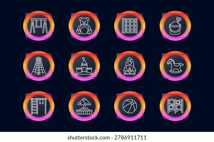 Playground children set icon. Swing seat, teddy bear toy, tic tac toe board, sand bucket shovel, climbing tower, toy castle, kids rocket ride, rocking horse, monkey bars ladder, carousel ride