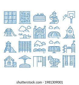 Playground Children sketch icon vector. Hand drawn blue doodle line art Basketball And Climbing Wall, Seesaw And Swing In Horse Form Playground Attraction Illustrations