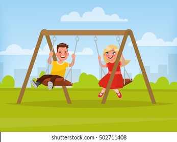 Playground. Children swinging on a swing. Vector illustration