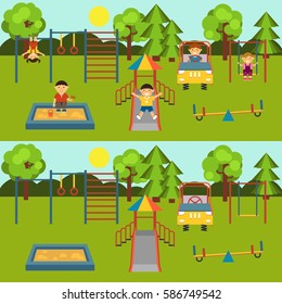Playground with children and without children. Set. Baby-themed flat stock illustration with isolated elements	
