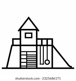 Playground, childrens slide, swing, ladder and house, black icon, transparent background, vector illustration, symbol