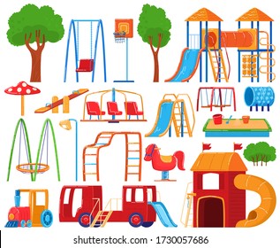 Playground collection, set of icons isolated on white, kindergarten children equipment, vector illustration. Colorful icons of slide, swing, carousel, sandbox and seesaw. Outdoor playground for kids