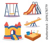 Playground collection with swing, slide, seesaw, sandbox, and bounce house, playground design capturing joy, fun, and outdoor energy, playground inspiring kids laughter, friendship