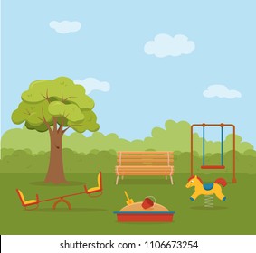 Kid’s playground colorful cartoon vector illustration. City park children’s illustration design elements: swings, a slide, a sandpit. School yard background for web, banners, advertising, flyers