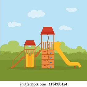 Kid’s playground colorful cartoon vector illustration. City park children’s illustration design elements: swings, a slide, a sandpit. 
