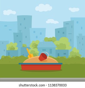 Kid’s playground colorful cartoon vector illustration. City park children’s illustration design elements: swings, a slide, a sandpit. School yard background for web, banners, advertising, flyers