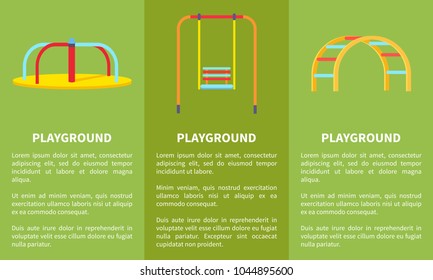Playground colorful set of posters vector illustration of swinging merry-go-round for children, ladder and rotating carousel