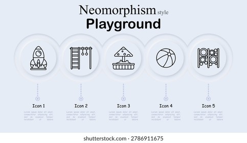 Playground concept icon set in neumorphism style. Line icons showing rocket playground toy, climbing ladder bars, carousel roundabout, beach ball toy, and climbing playground