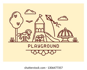 Playground concept with slide, seesaw and carousel. Outline style vector illustration.