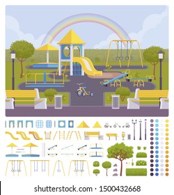 Playground creation set, outdoor area decor ideas, playing equipment or recreation kid fun kit, constructor element to build your own design. Cartoon flat style infographic illustration, color palette