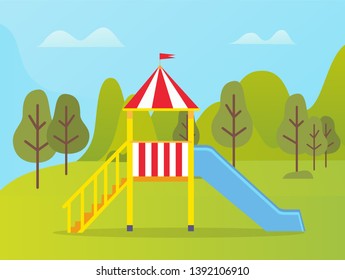 Playground decorated by colorful slide with red stripes, green trees and mountain landscape, activity outdoor, empty place, kindergarten flat design vector