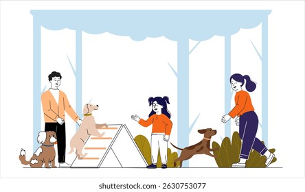 Playground for dogs. Man and woman with kids and pets walking outdoors. Owners with domestic animals in park. Training and active lifestyle. Linear vector illustration