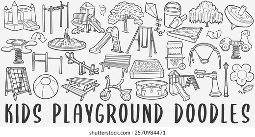 Playground Doodle Icons. Hand Made Line Art. Kids Zone Clipart Logotype Symbol Design.