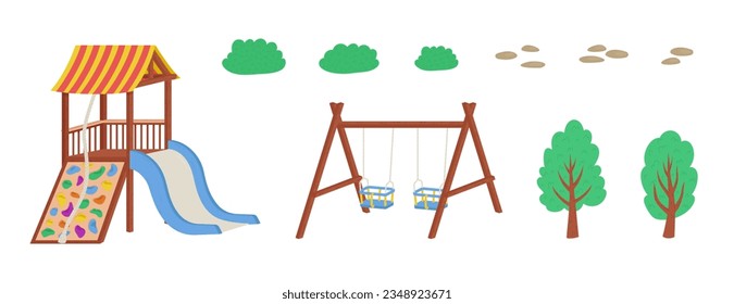 Playground elements isolated on white background. Outdoor equipment for kindergarten or house. Slide, swing, sandbox, trees and stones. Vector cartoon background. Ideal for background design