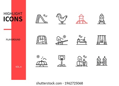 Playground elements - line design style icons set. City recreation place for children. Slide, spring horse, jungle gym, rocket, monkey bar, seesaw, sandbox, swing, merry-go-round, streetball, tunnel