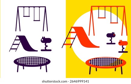 Elementos de patio - toboganes, columpios y trampolín en estilo Vector
