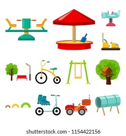 Playground, entertainment cartoon icons in set collection for design. Attraction and equipment vector symbol stock web illustration.