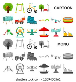 Playground, entertainment cartoon icons in set collection for design. Attraction and equipment vector symbol stock web illustration.