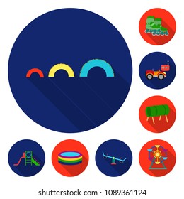 Playground, entertainment flat icons in set collection for design. Attraction and equipment vector symbol stock web illustration.
