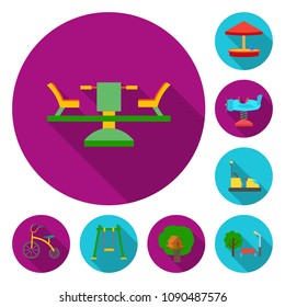 Playground, entertainment flat icons in set collection for design. Attraction and equipment vector symbol stock web illustration.