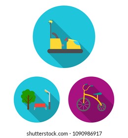 Playground, entertainment flat icons in set collection for design. Attraction and equipment vector symbol stock web illustration.