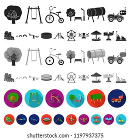 Playground, entertainment flat icons in set collection for design. Attraction and equipment vector symbol stock web illustration.