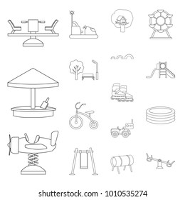 Playground, entertainment outline icons in set collection for design. Attraction and equipment vector symbol stock web illustration.