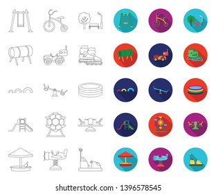Playground, entertainment outline,flat icons in set collection  design. Attraction and equipment vector symbol stock web illustration.