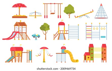 Playground equipment. Kids park carousels, swings and game modules with slides. Climbing wall and sandpit. Flat outdoor play area vector set. Illustration playground equipment game outdoor