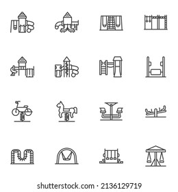 Playground equipment line icons set, outline vector symbol collection, linear style pictogram pack. Signs, logo illustration. Set includes icons as rocking horse, slide tunnel, seesaw 