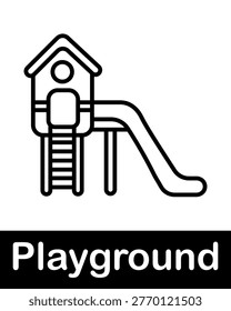 Playground equipment set icon. Line icon with playhouse structure, ladder steps, slide curve, support bars, elevated platform, outdoor activity object for children recreation area