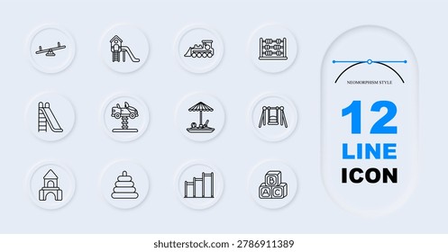 Playground equipment set icon. Line style icons display seesaw, slide tower, toy train, abacus frame, ladder slide, spring rider, sandbox umbrella, swing set, castle toy, stacking rings