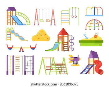 Equipamiento de juegos para niños en un parque de atracciones. Ilustraciones vectoriales de juguetes para kindergarten. Caricatura de la escalera del banco de balancín deslizante aislado en blanco. Infancia, concepto de ocio