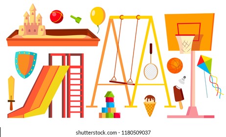 Playground Equipment Set Vector. Children, Kids Playing Area. Kindergarten Sandbox, Swings, Slide. Isolated Cartoon Illustration