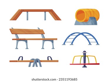 Playground Equipment with Wooden Seesaw, Bench, Tube, Ladder and Carousel Vector Set