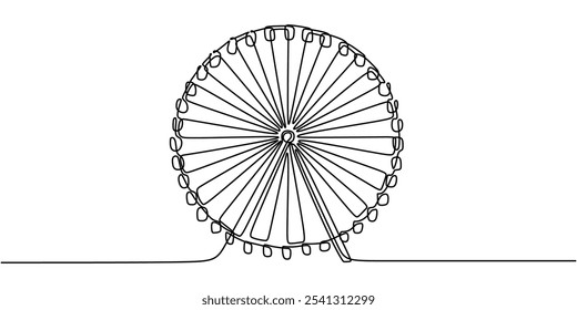 Playground Ferris Wheel em desenho contínuo de uma linha. Representação minimalista de passeios de parque de diversões.