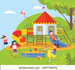 Playground filled with kids vector, park and nature with greenery and trees, boys and girls playing together, wooden construction castle with flag. Children play on park attraction