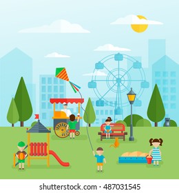 Playground flat concept with children slide and sandbox street food green trees cityscape in background vector illustration