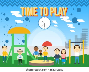 Playground flat concept . Sandpit and slide, vector illustration. Children on the Hill.A child wearing glasses. Against the backdrop of the city sandpit. Sun on the horizon.Time to play.