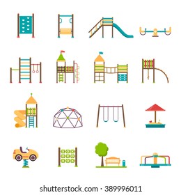 Playground flat icons set with swing carousels slides and stairs isolated vector illustration 