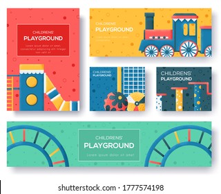 Playground flyer, magazines, poster, book cover, banners. Layout illustration modern slider page. Grain texture and noise effect. People character with items around playground 