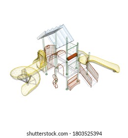 Playground frame from colored lines on a white background. Children playground with slides and ladders. Isometric view. 3D. Vector illustration
