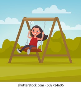 Playground. Girl swinging on a swing. Vector illustration